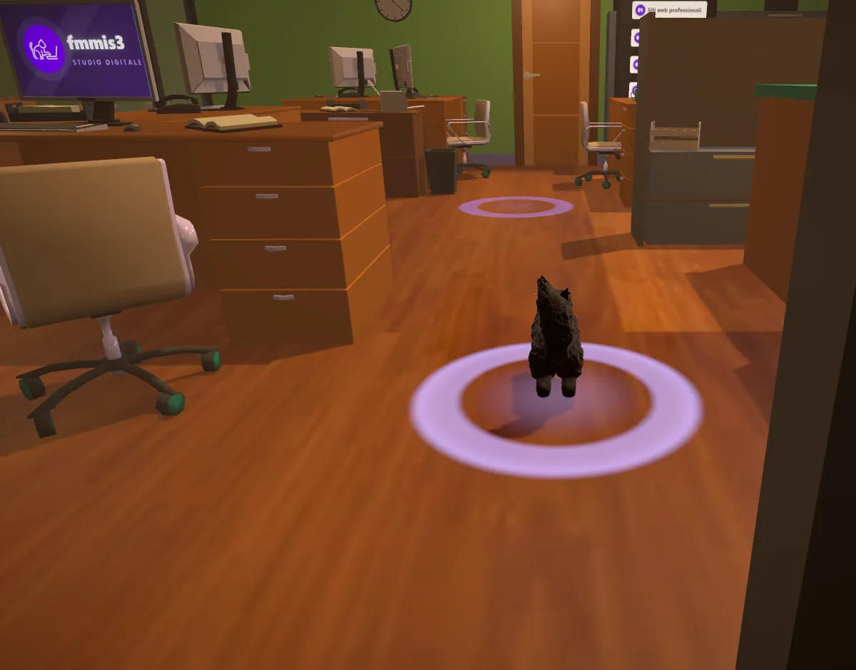 L'ufficio 3D di fmmis3: l'open space visto dalle vetrate, con il gatto che accompagna la visita